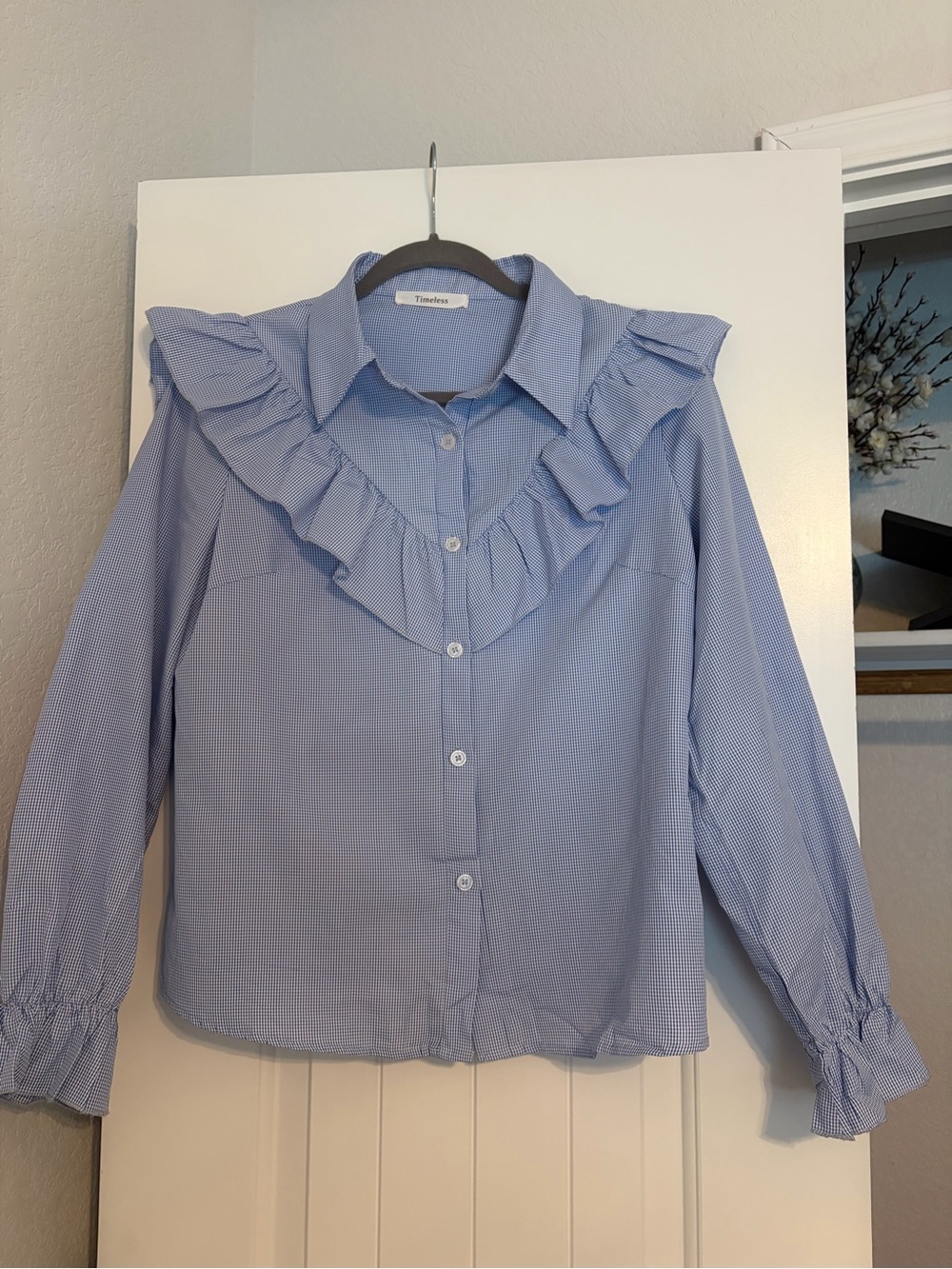 Timeless Light Blue Ruffle Yoke Button-Down Shirt